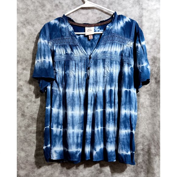 Knox Rose top Wmn's Sz XL tie-dye cobalt blue lace tucks gathers peasant boho - Picture 1 of 2